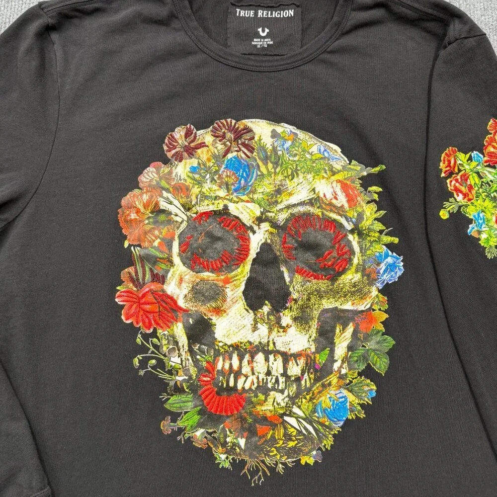 RARE True Religion Skull Bloom Flowers Sugar Skull Long Sleeve Tee Black Mens XL